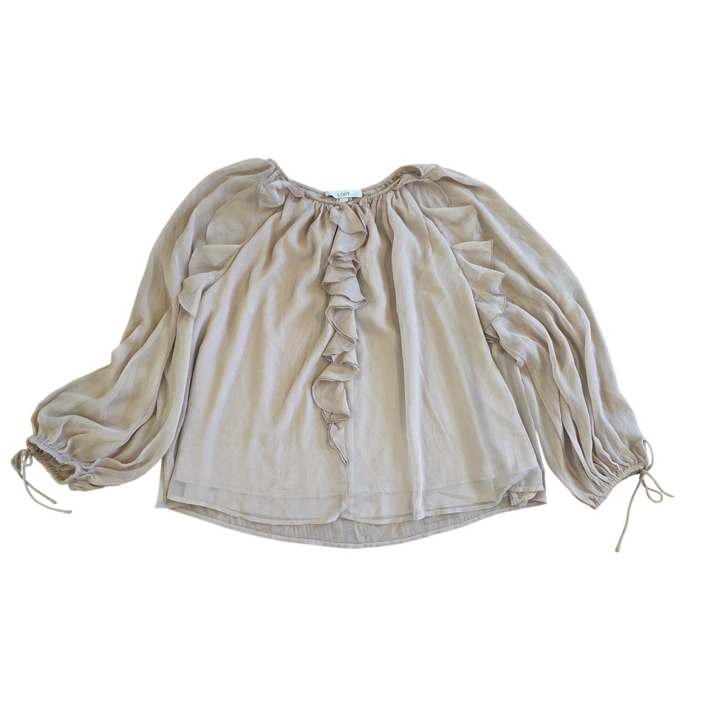 LOFT Beige Ruffle Front Sheer Blouse Long Sleeve Womens XL Whimsy Festive Office